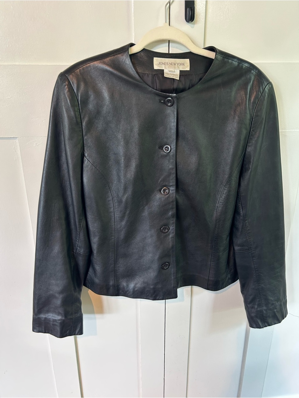 Vintage Jones New York Black Leather Collarless Jacket Size Size 14